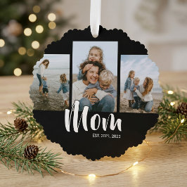 Mom Established Modern Script Black 3 Photo Ornament Karte