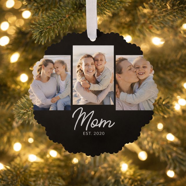 Mom Established Modern Script Black 3 Photo Ornament Karte (Von Creator hochgeladen)