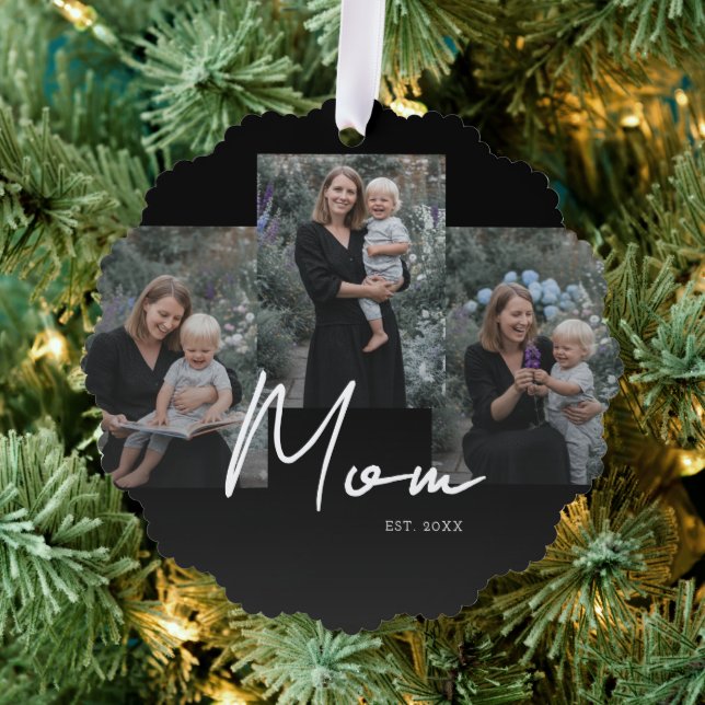 Mom Established Modern Script Black 3 Photo Ornament Karte (Insitu (Baum))
