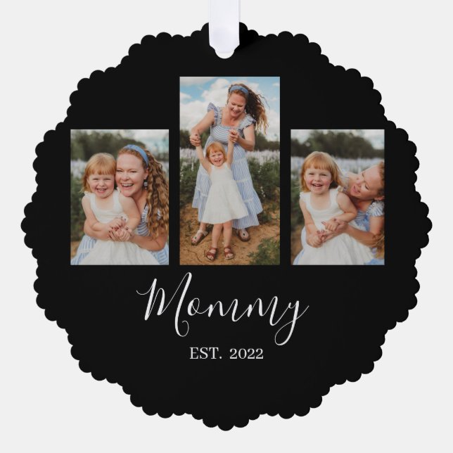 Mom Established Modern Script Black 3 Photo Ornament Karte (Vorderseite)
