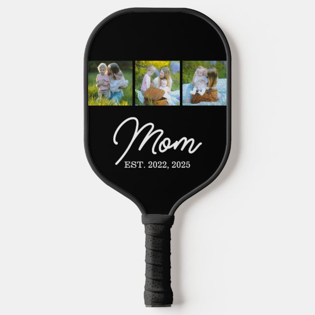 Mom Established Modern Script Black 3 Photo Pickleball Schläger (Vorderseite)