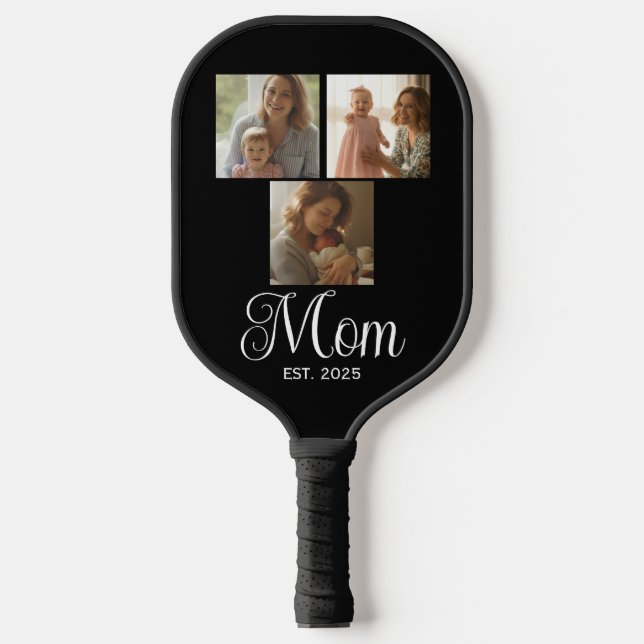 Mom Established Modern Script Black 3 Photo Pickleball Schläger (Vorderseite)