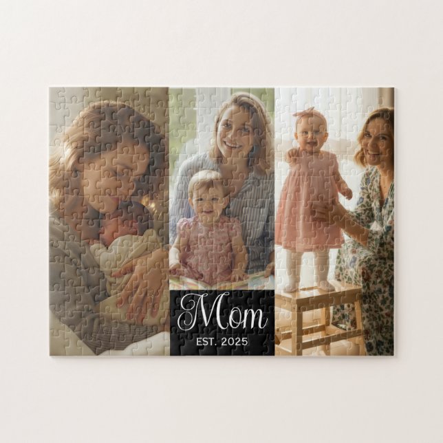 Mom Established Modern Script Black 3 Photo Puzzle (Horizontal)