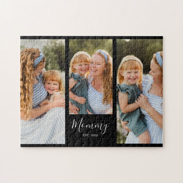Mom Established Modern Script Black 3 Photo Puzzle (Horizontal)