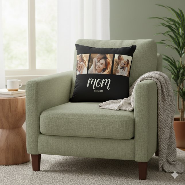 Mom Established Modern Script Black 3 Photo Throw  Kissen (Von Creator hochgeladen)