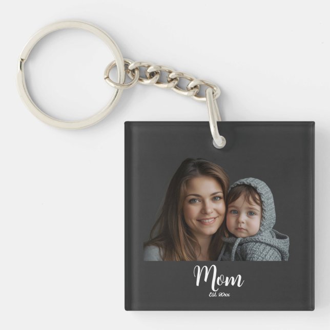 Mom Established Modern Script Photo Keychain Schlüsselanhänger (Vorderseite)