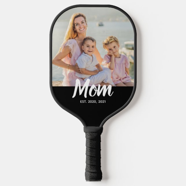 Mom Established Modern Script Photo Pickleball Schläger (Vorderseite)