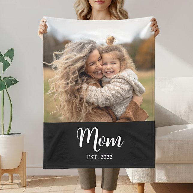Mom Established Modern Typography Photo Black Fleecedecke (Von Creator hochgeladen)