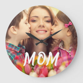Mom Established Modern White Bold Font Photo Große Wanduhr