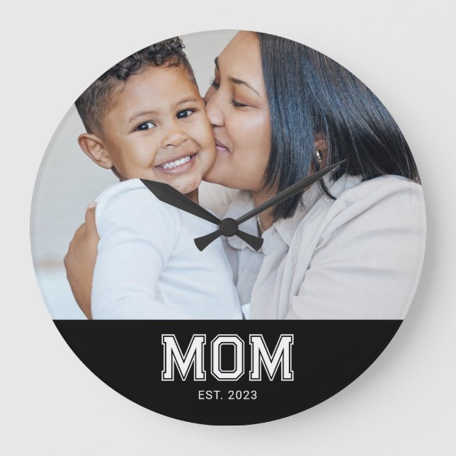 Mom Established Modern White Bold Photo Round Große Wanduhr (Vorderseite)