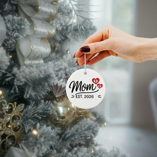 Mom Established Mothers Day Name Year Script Heart Keramik Ornament (new mom established mothers day ornaments  mama mum typography simple heart modern script christmas )