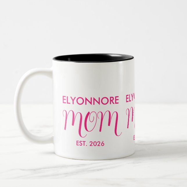 Mom Established New Mom Gift Pink Custom Name Zweifarbige Tasse (Links)