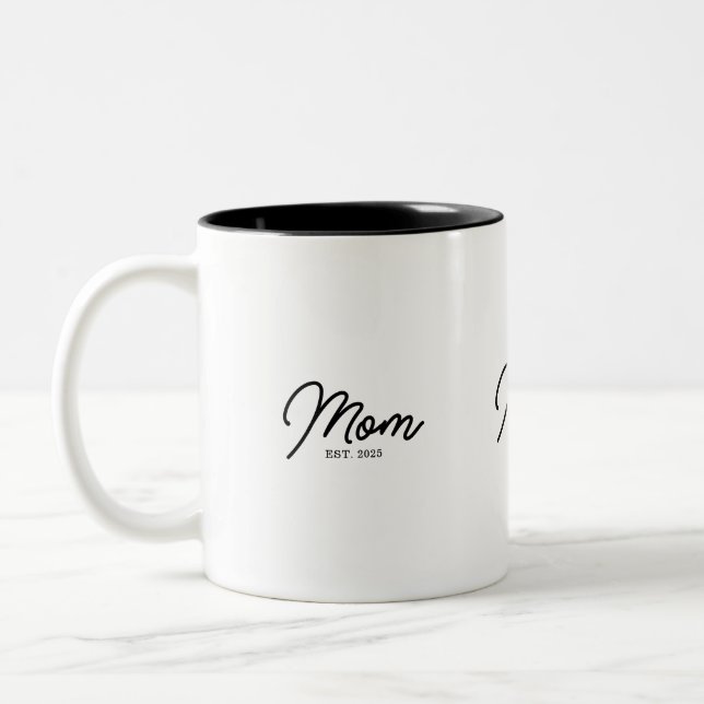 Mom Established New Mom Gift Zweifarbige Tasse (Links)