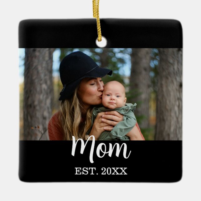 Mom Established Photo Mother's Day Black Keramikornament (Vorderseite)