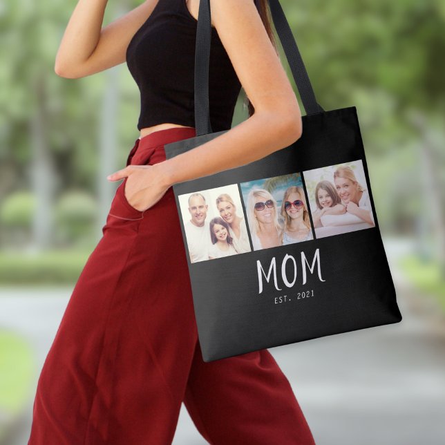Mom Established Script Black 3 Photo (A stylish tote bag with three photos and customizable "Mom Est. 2021" text in white on black)