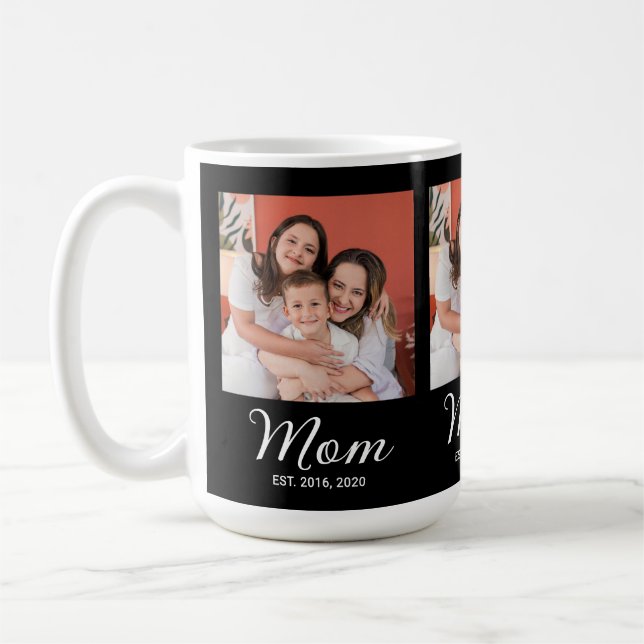 Mom Established Script Black 3 Photo Coffee Mug Kaffeetasse (Links)