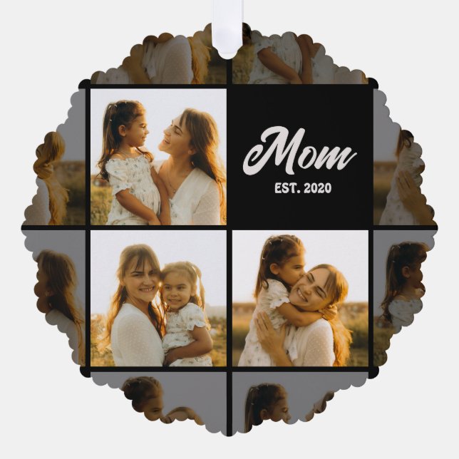 Mom Established Script Black 3 Photo Grid Ornament Karte (Vorderseite)