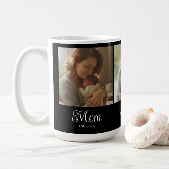 Mom Established Script Black 3 Photo Kaffeetasse (Mit Donut)