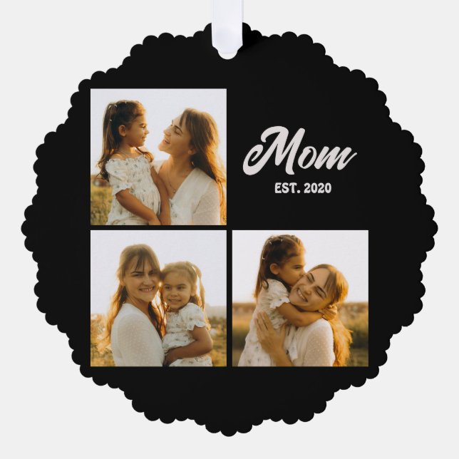 Mom Established Script Black 3 Photo Ornament Karte (Vorderseite)