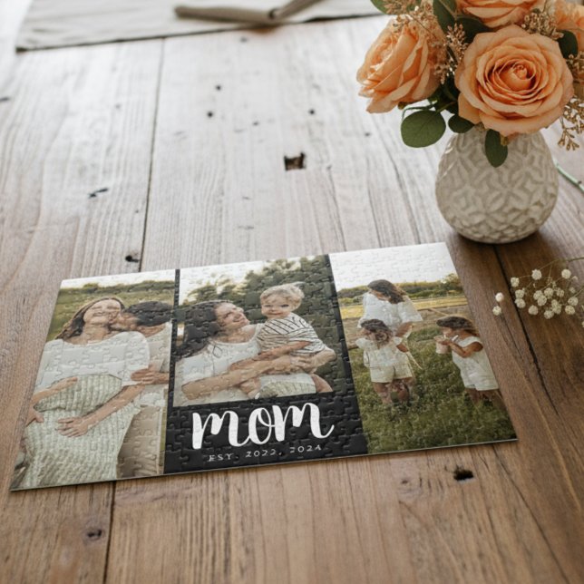 Mom Established Script Black 3 Photo Puzzle (modern 3 photo black and white script mom established puzzle gift for mom on Mother's Day Christmas)