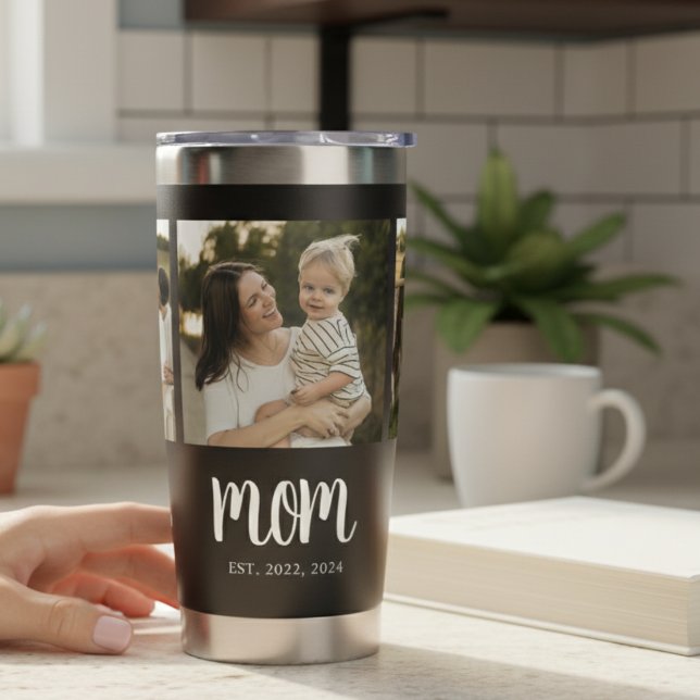 Mom Established Script Black 3 Photo Thermobecher (modern minimal black tumbler with mom established date in white script with 3 photo design for gifts)