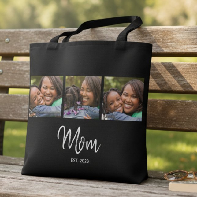 Mom Established Script Black 3 Photo Tote Bag (Von Creator hochgeladen)