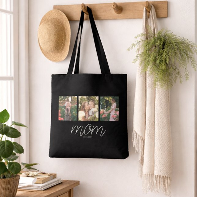 Mom Established Script Black 3 Photo Tote Bag (Von Creator hochgeladen)