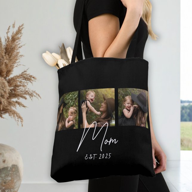 Mom Established Script Black 3 Photo Tote Bag (Von Creator hochgeladen)