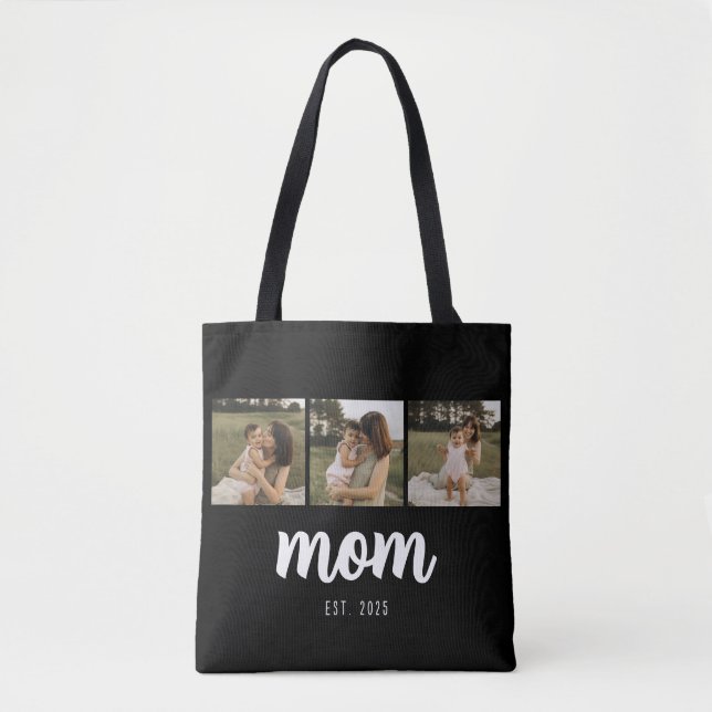 Mom Established Script Black 3 Photos Tote Bag (Vorderseite)
