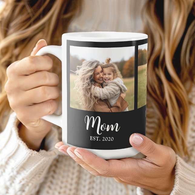Mom Established Script Black and White 3 Photo Kaffeetasse (Mom established 3 photo personalized mug gift)