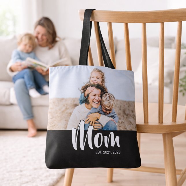 Mom Established Script Black Photo (Mom Established Script Black Photo Tote Bag)