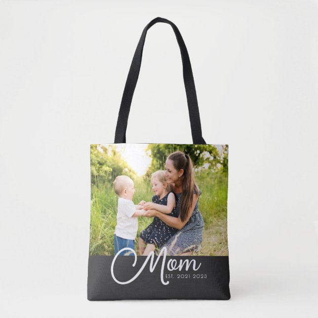Mom Established Script Black Photo Tote Bag (Vorderseite)