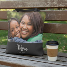 Mom Established Script Black Photo Tote Bag