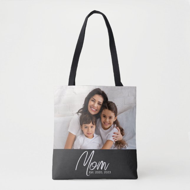 Mom Established Script Black Photo Tote Bag (Vorderseite)