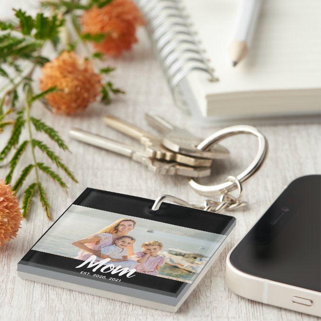 Mom Established Script Photo Custom Date Schlüsselanhänger (Vorderseite rechts)