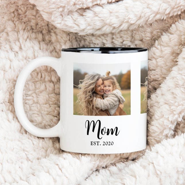 Mom Established Script Photo Zweifarbige Tasse (Mom established year and photo, personalized mug gift for  Mothers Day, Birthday or just because! )