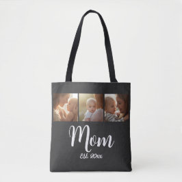 Mom Established year Script Black 3 Photo Tote