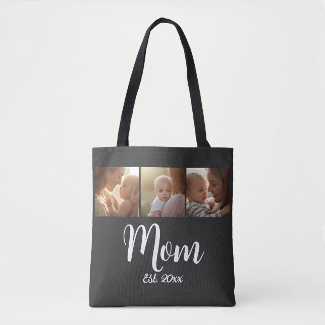 Mom Established year Script Black 3 Photo Tote (Vorderseite)