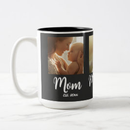 Mom Established year Script Black 3 Photo Tote Zweifarbige Tasse