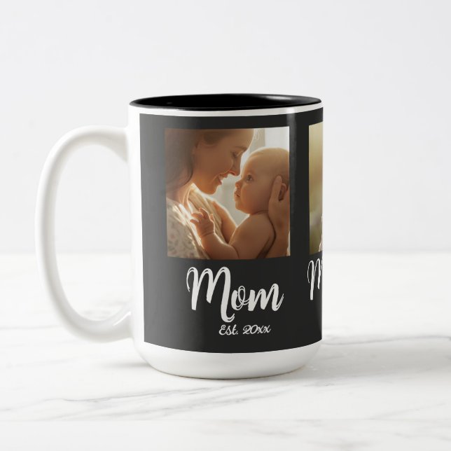 Mom Established year Script Black 3 Photo Tote Zweifarbige Tasse (Links)