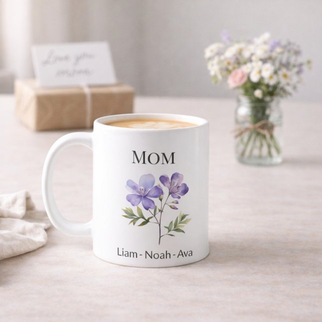 Mom February Birth Flower with Kids Names Kaffeetasse (Von Creator hochgeladen)