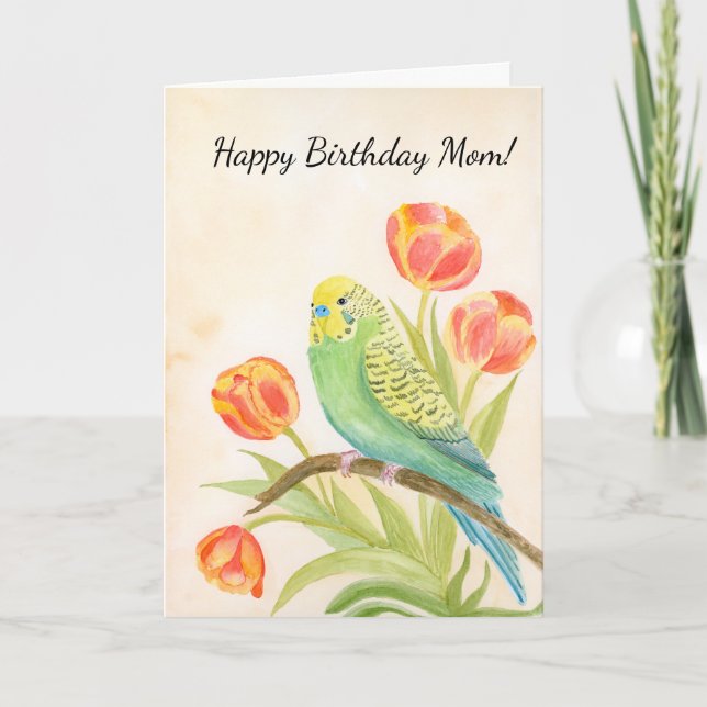 Mom Happy Birthday Parakeet with Tulips Karte (Vorderseite)