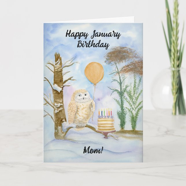 Mom Happy January Birthday Owl Cake Karte (Vorderseite)