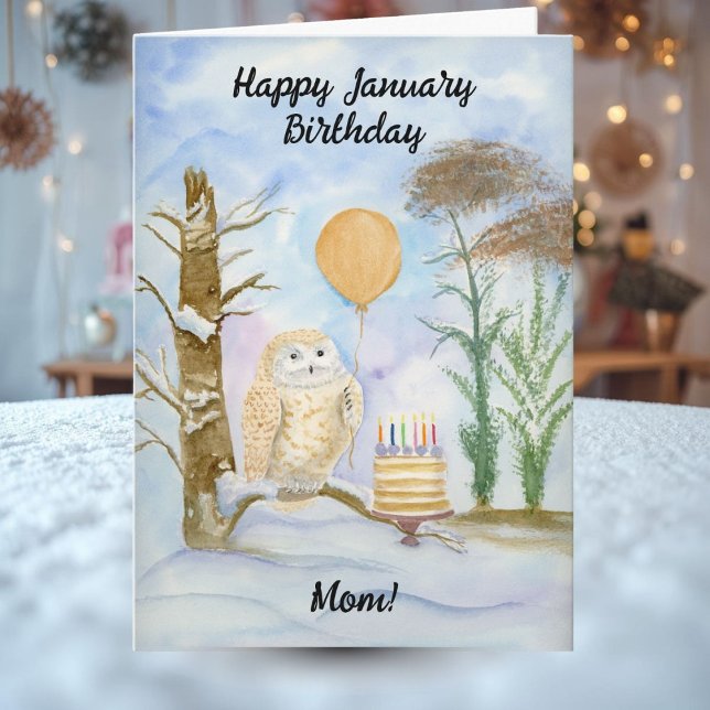 Mom Happy January Birthday Owl Cake Karte (Von Creator hochgeladen)