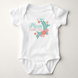 Mom ich liebe dich Text, blauer Vogel, rosa Blumen Baby Strampler