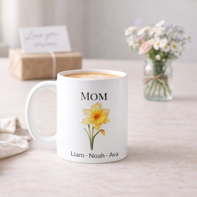 Mom March Birth Flower with Kids Names Kaffeetasse (Von Creator hochgeladen)