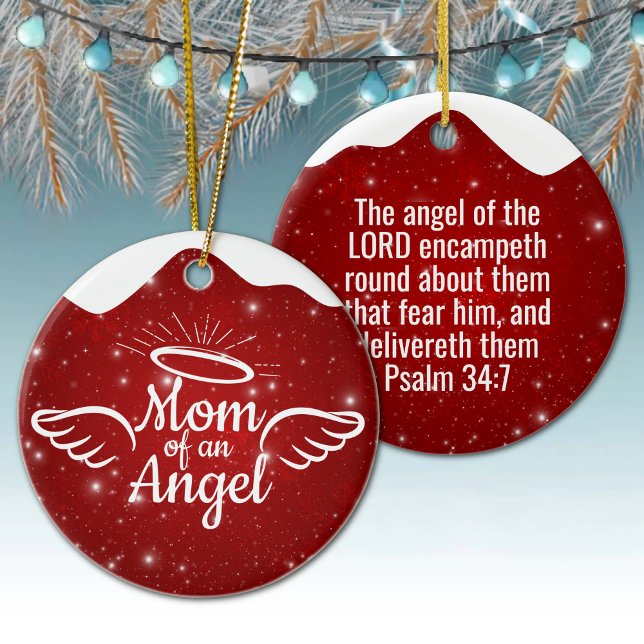 Mom of an Angel Golden Christian Christmas 👼🏻 🎄 Keramik Ornament (Mom of an Angel Psalm 34:7 Christian Christmas Religious Holiday Ceramic Ornament berry red snow 👼✞)
