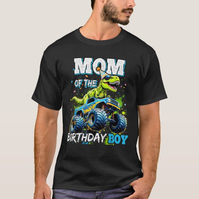 Mom of the Birthday Boy Monster Truck Dinosaur Par T-Shirt (Vorderseite)