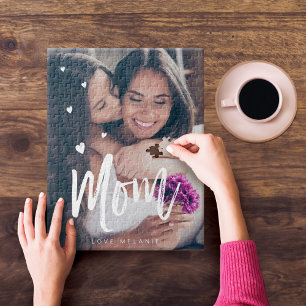 Mom Script & Hearts Overlay Modern Foto Family Puzzle