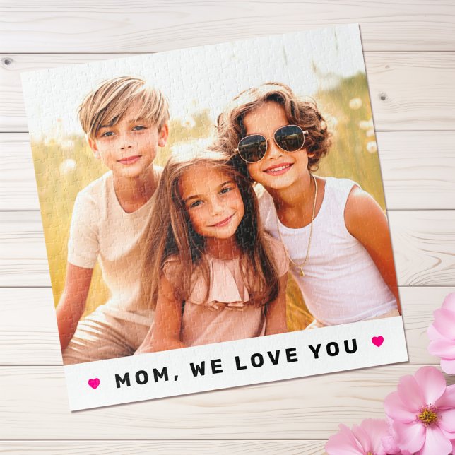 Mom we love you photo hearts text mothers day puzzle (Mom we love you photo hearts white text mothers day jigsaw puzzle)